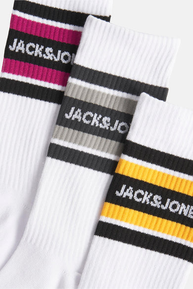 Chaussettes blanches d'ACCESSORIES BY JACK & JONES, avec des rayures colorées et le logo de la marque.