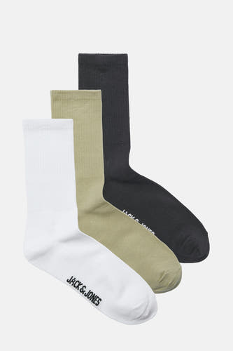 Meerkleurige sokken (multipack) van ACCESSORIES BY JACK & JONES, gestapeld in wit, kaki en zwart.