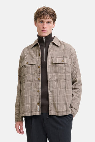 Chemise beige à manches longues de PREMIUM BLUE par JACK & JONES, avec un motif à carreaux et des boutons bruns.