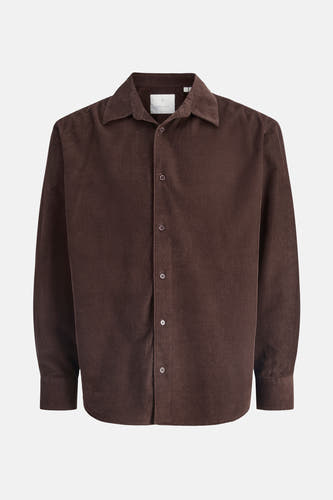 Bruin corduroy overhemd met lange mouwen van PREMIUM BLUE by JACK & JONES, met knoopsluiting en gespreide kraag.