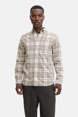 Beige overhemd met lange mouwen van PREMIUM BLUE by JACK & JONES, met een ruitpatroon.
