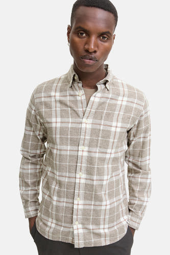Beige overhemd met lange mouwen van PREMIUM BLUE by JACK & JONES, met een ruitpatroon en knoopsluiting.