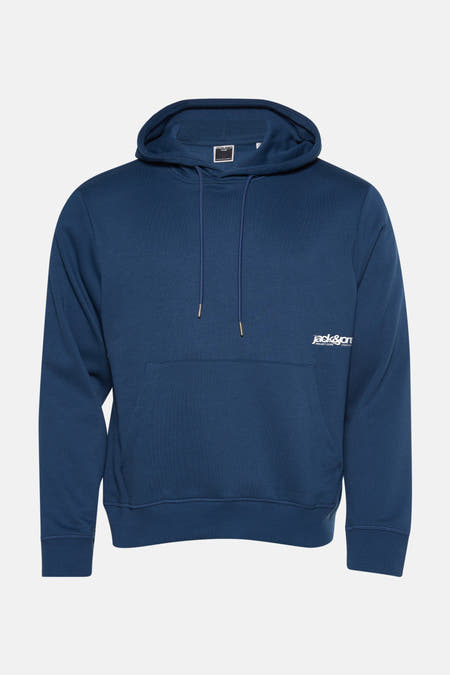 Pull-over bleu avec capuche de CORE by JACK & JONES, à longues manches et côtes.
