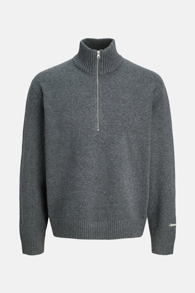 Grijze trui met ronde hals van ORIGINALS BY JACK & JONES, met een korte zilverkleurige ritssluiting.
