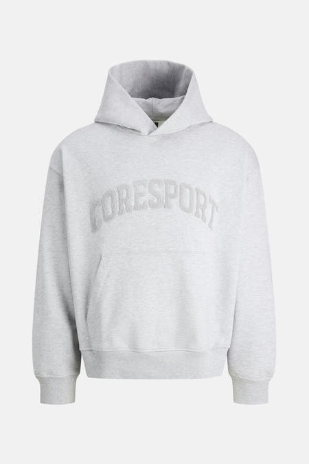 Grijze sweater met kap van CORE BY JACK & JONES, met CORESPORT-logo op de borst en buidelzak.