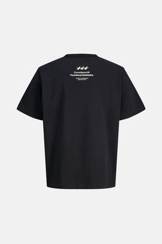 T-shirt noir à manches courtes de CORE BY JACK & JONES, avec une impression de texte blanche sur le dos.