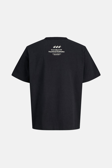 T-shirt noir à manches courtes de CORE BY JACK & JONES, avec une impression de texte blanche sur le dos.