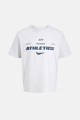 T-shirt gris à manches courtes de CORE BY JACK & JONES, avec un imprimé 'Athletics' et des détails sportifs.