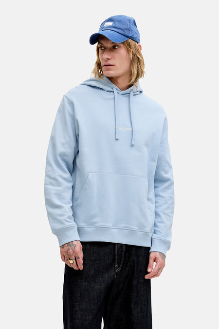 Lichtblauwe sweater met kap van ORIGINALS BY JACK & JONES, met geborduurd logo en kangoeroezak.