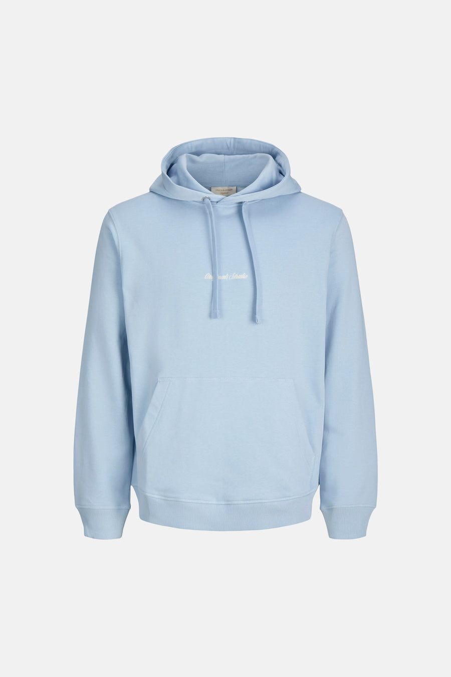 Sweat à capuche bleu clair de ORIGINALS BY JACK & JONES avec inscription 'Originals Studio', cordons de serrage et poche kangourou.