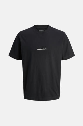 T-shirt noir à manches courtes d'ORIGINALS BY JACK & JONES, avec un petit logo blanc sur la poitrine.