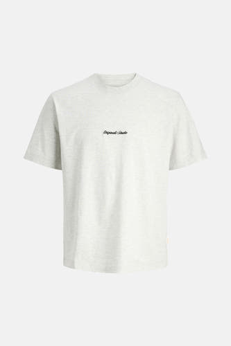 Grijs T-shirt met korte mouwen van ORIGINALS BY JACK & JONES, met een kleine zwarte tekstprint op de borst.