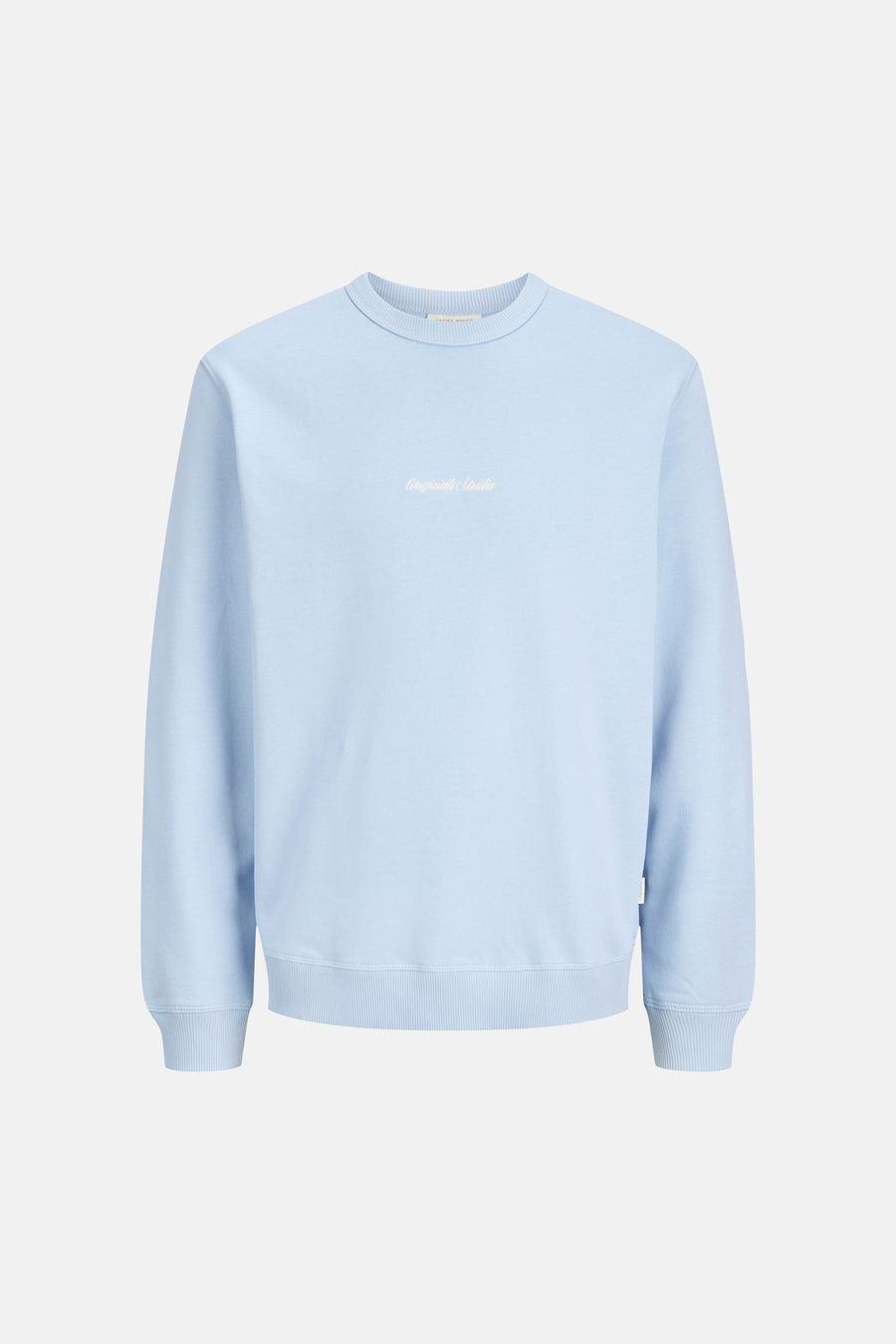 Lichtblauwe sweater van ORIGINALS BY JACK & JONES met ronde hals, ribboorden en subtiele ‘Originals Studio’-opdruk op de borst.