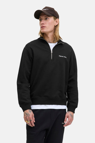 Zwarte sweater van ORIGINALS BY JACK & JONES, met een zilverkleurige rits en een geborduurde merknaam.