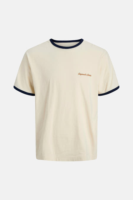 Beige T-shirt met korte mouwen van ORIGINALS BY JACK & JONES, met donkerblauwe afwerking langs de halslijn en mouwen.