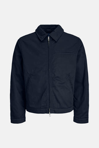 Blauwe korte jas van ORIGINALS BY JACK & JONES, met een kraag en zilverkleurige ritssluiting.