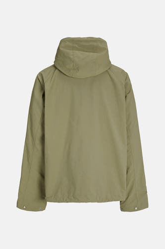 Groene korte jas van ORIGINALS BY JACK & JONES, met capuchon en lange mouwen, gezien vanaf de achterkant.