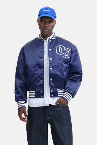 Blauwe jas van ORIGINALS BY JACK & JONES, met witte strepen op de boorden en een geborduurde patch.