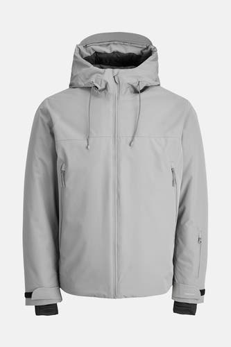 Korte grijze jas van CORE BY JACK & JONES, met capuchon en ritszakken, op een witte achtergrond.
