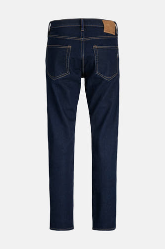 Jean tapered bleu marine de PREMIUM par JACK & JONES, avec des surpiqures jaunes et une étiquette en cuir sur la ceinture.
