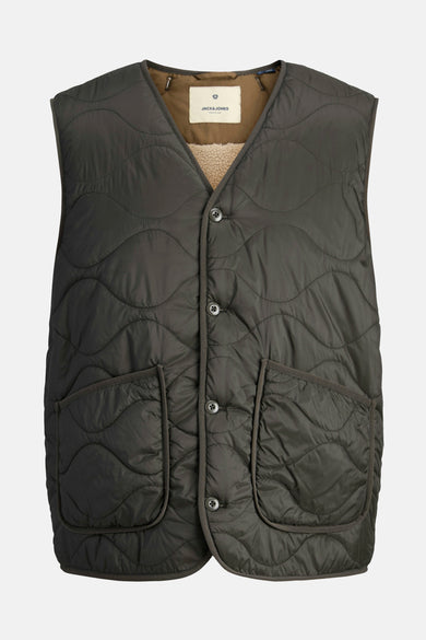 Zwarte bodywarmer van PREMIUM BLUE by JACK & JONES met knoopsluiting, steekzakken en een gewatteerd, golvend stiksel.