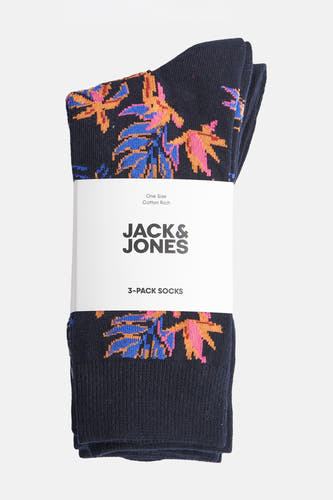 Meerkleurige sokken van ACCESSORIES BY JACK & JONES, met een bladerpatroon op een donkerblauwe achtergrond.