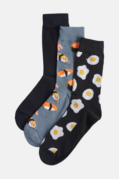 Multikleurige sokken van ACCESSORIES BY JACK & JONES met sushi- en spiegelei motieven.