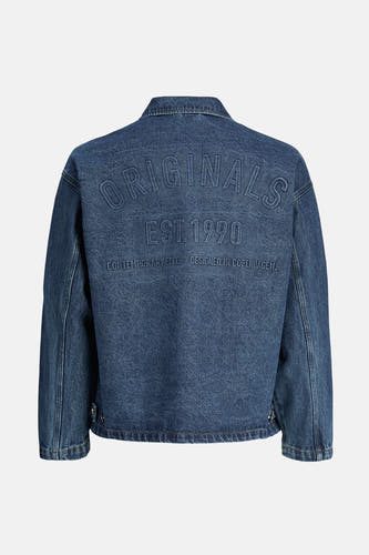 Donkerblauw denim jeanshemd van ORIGINALS BY JACK & JONES, met tekstprint op de rug.