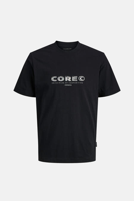 T-shirt noir à manches courtes de CORE by JACK & JONES, avec une impression textuelle graphique sur la partie avant.