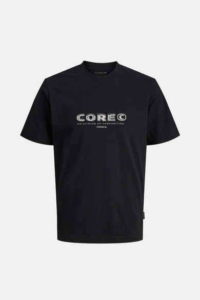 Zwart T-shirt met korte mouwen van CORE by JACK & JONES, met grafische tekstprint op de voorkant.