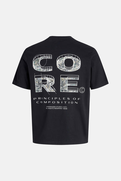 Zwart T-shirt met korte mouwen van CORE BY JACK & JONES, met grafische print op de achterkant.