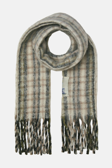 Beige wintersjaal van ACCESSORIES BY JACK & JONES, met ruitpatroon en franjes.