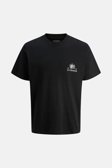 Zwart T-shirt met korte mouwen van ORIGINALS by JACK & JONES, met grafische print op de borst.
