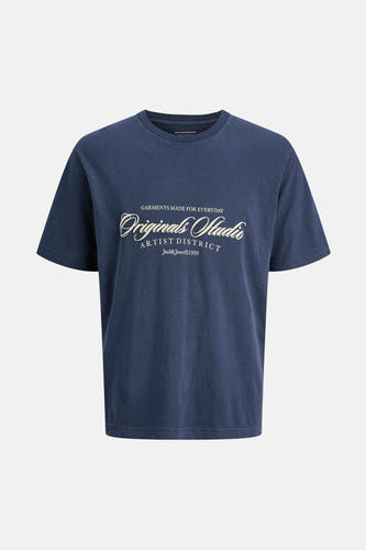 T-shirt bleu à manches courtes d'ORIGINALS BY JACK & JONES, avec une impression de texte blanche.