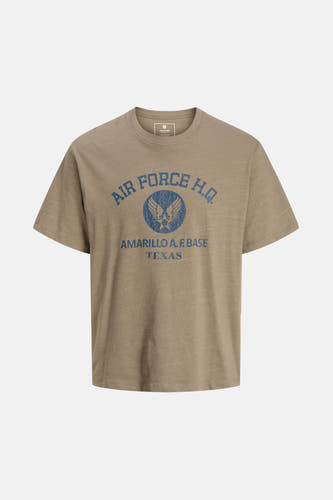 Kaki T-shirt met korte mouwen van PREMIUM BLUE by JACK & JONES, met een opdruk van de Amerikaanse luchtmacht.