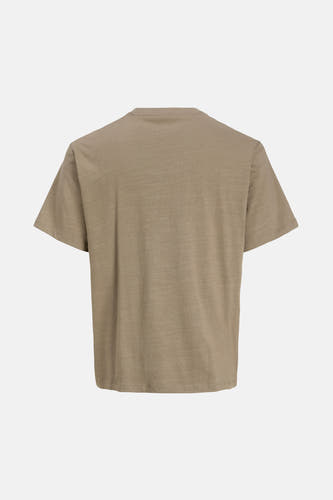 Kaki T-shirt met korte mouwen van PREMIUM BLUE by JACK & JONES, effen stof met een fijn lijntjespatroon, achterkant.