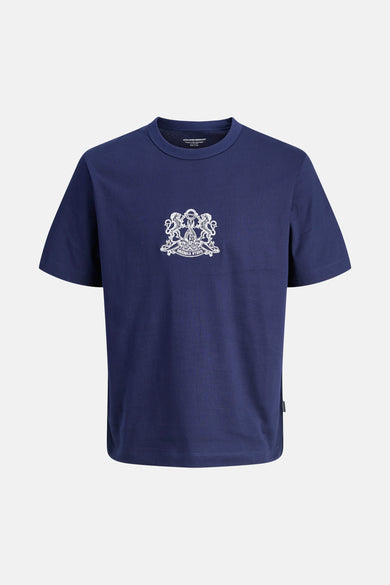 T-shirt bleu à manches courtes d'ORIGINALS BY JACK & JONES, avec logo blanc sur la poitrine.