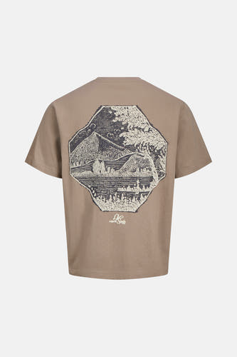 T-shirt brun à manches courtes d'ORIGINALS BY JACK & JONES, avec une impression graphique sur le dos.