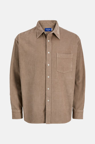 Bruin overhemd met lange mouwen van ORIGINALS BY JACK & JONES, geribbelde textuur en borstzak.