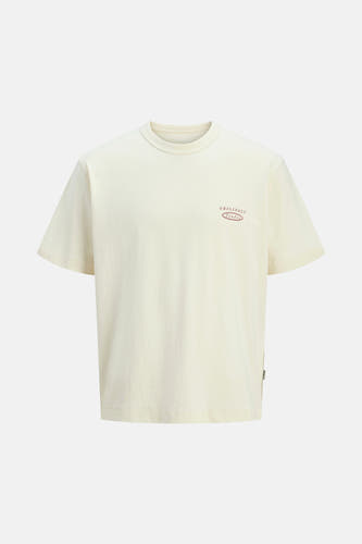 Beige T-shirt met korte mouwen van ORIGINALS BY JACK & JONES, met kleine 'Originals studio' tekst op de borst.