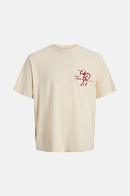 Ecru T-shirt met korte mouwen van ORIGINALS BY JACK & JONES, met een opvallende print op de borst.
