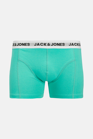 Turquoise boxershort van ACCESSORIES BY JACK & JONES met merklogo op de tailleband tegen een witte achtergrond.