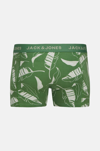 Groene boxershort van ACCESSORIES BY JACK & JONES, met witte bladmotieven en een groene tailleband met logo.