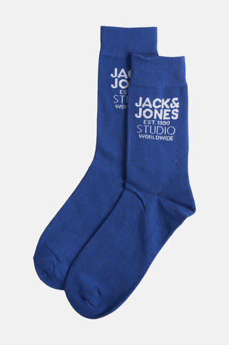 Blauwe sokken van ACCESSORIES BY JACK & JONES, met witte logo-opdruk en fijne ribbels.