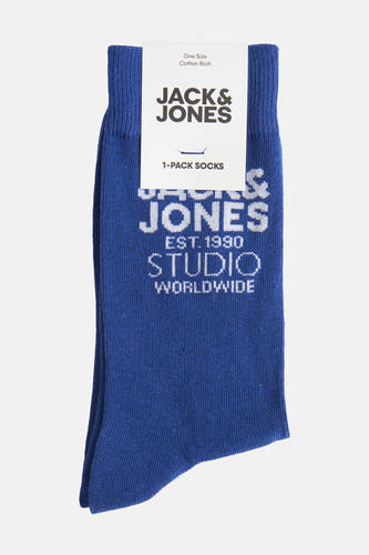 Blauwe sokken van ACCESSORIES BY JACK & JONES, met een opdruk van het logo en tekst.