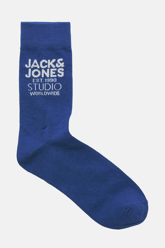 Blauwe sokken van ACCESSORIES BY JACK & JONES met wit merklogo en tekst.