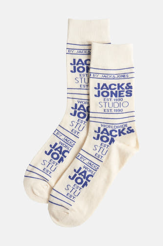 Chaussettes écru d'ACCESSORIES BY JACK & JONES, avec une impression de logo bleu et des détails rayés.