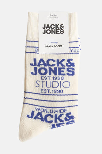 Chaussettes écru d'ACCESSORIES BY JACK & JONES, avec des rayures bleues et une inscription logo.