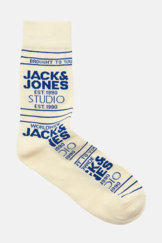 Chaussettes écru d'ACCESSORIES BY JACK & JONES, avec des logos de marque bleu foncé et des rayures.