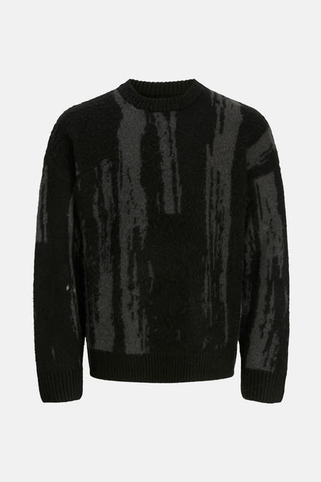 Zwarte trui met ronde hals van CORE BY JACK & JONES, met abstracte grijze verticale strepen.
